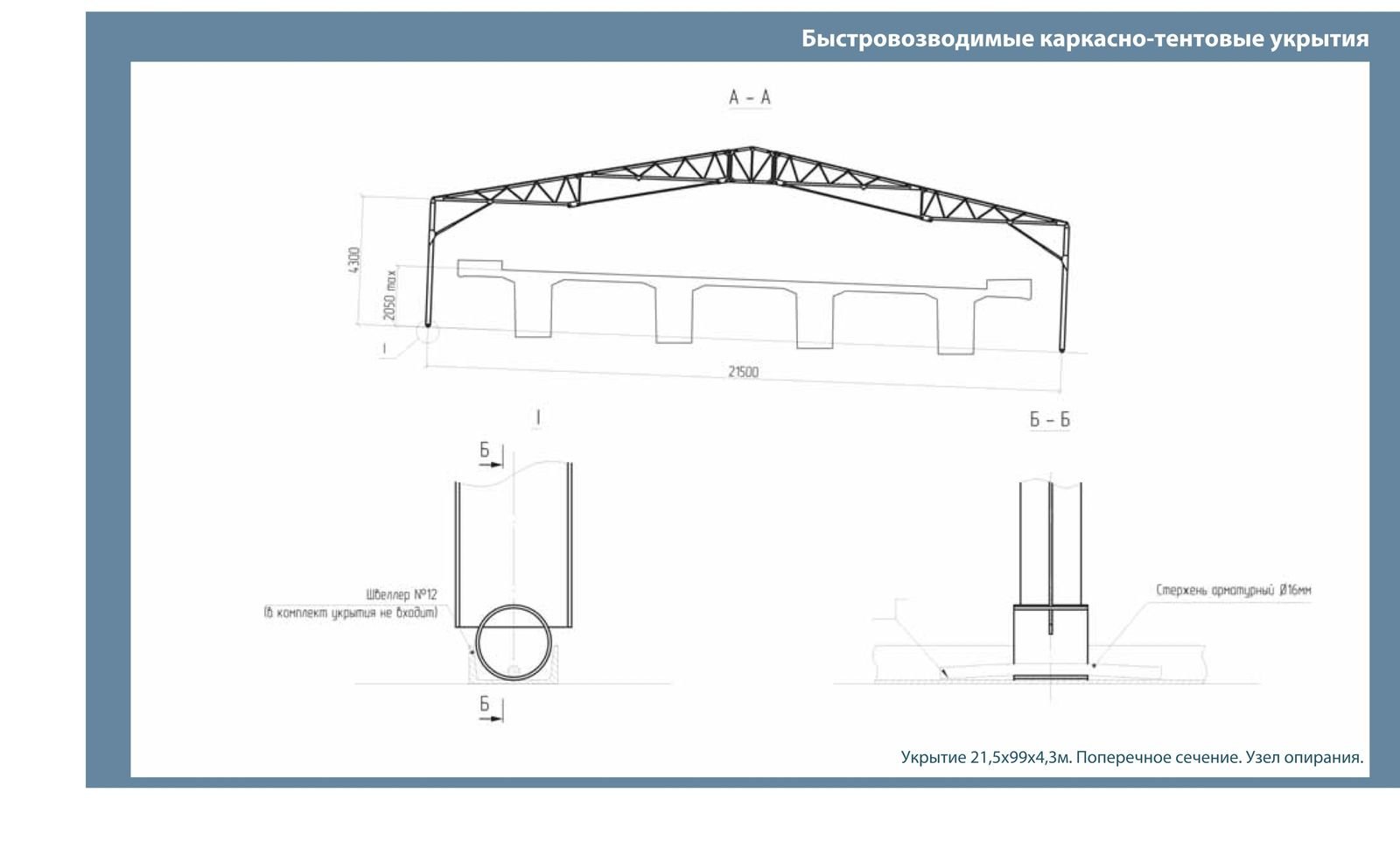 Чертёж тепляка 21,5×99×4,3 м — поперечное сечение и узел опирания