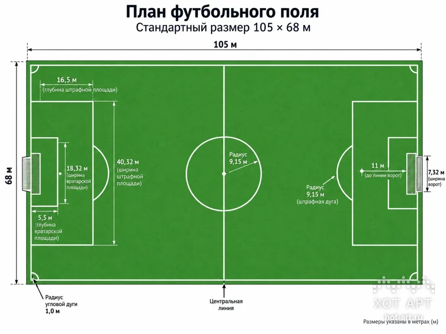 План стандартного футбольного поля 105×68 м с размерами штрафной и вратарской площадей