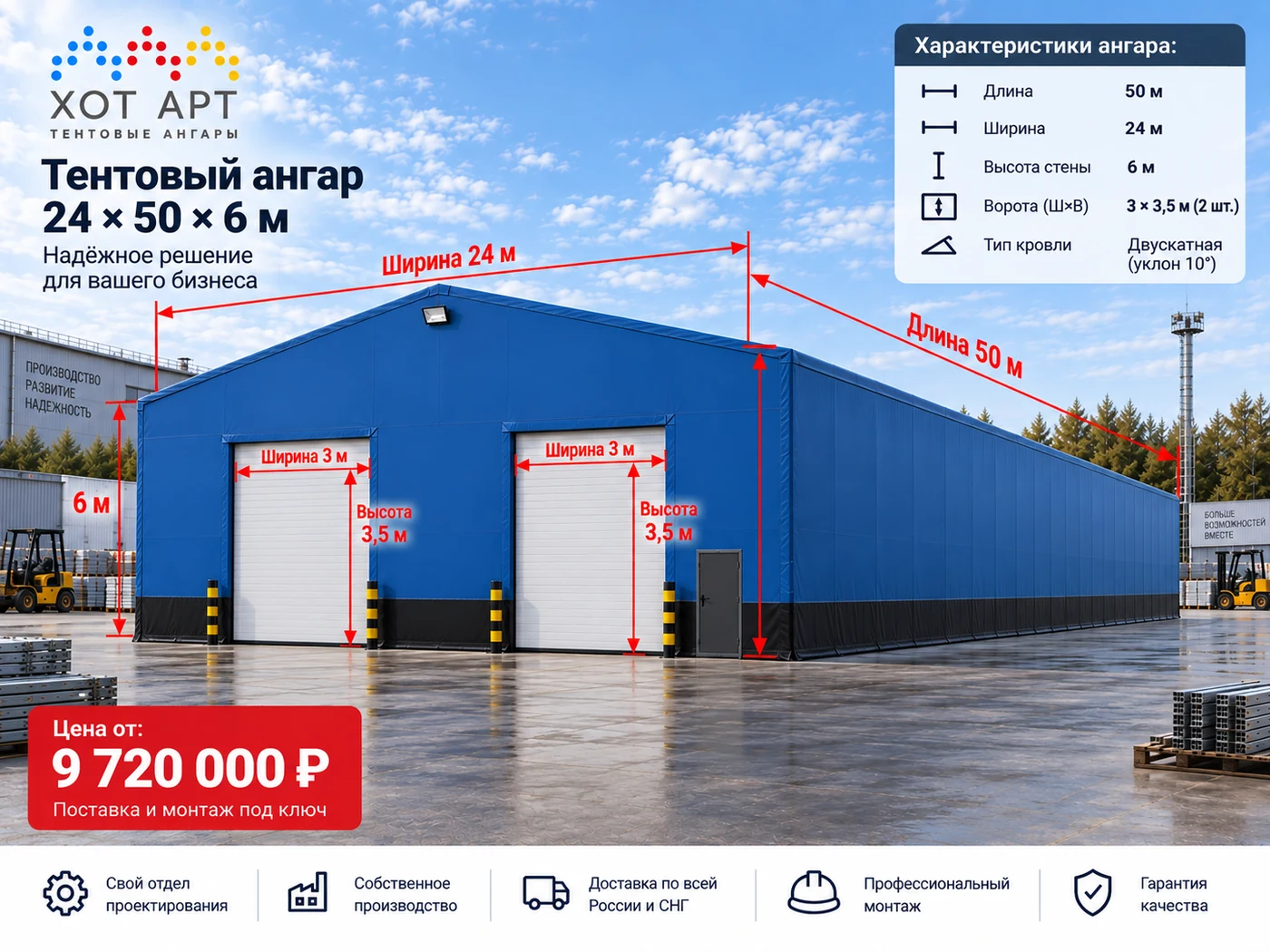 Тентовый ангар 24×50×6 м — цена от 9 720 000 ₽, поставка и монтаж под ключ
