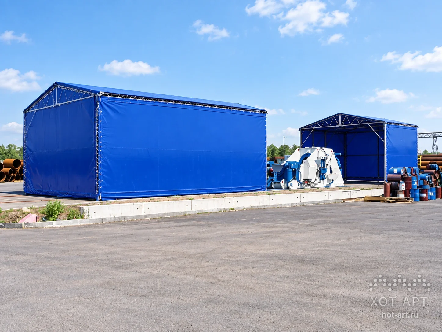 Тентовый раздвижной ангар 7×21×2,5 м в Москве: одна секция закрыта, вторая отведена по рельсам